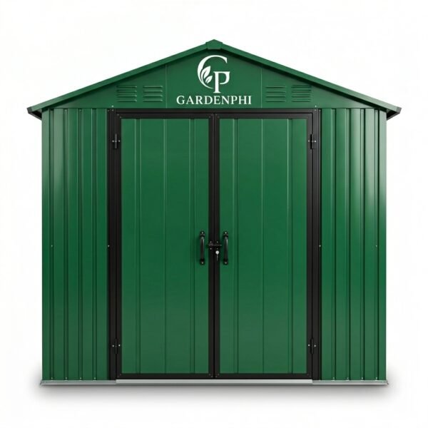 GardenPhi 8x6 Outdoor Storage Shed, Weather-Resistant Metal, Double Door